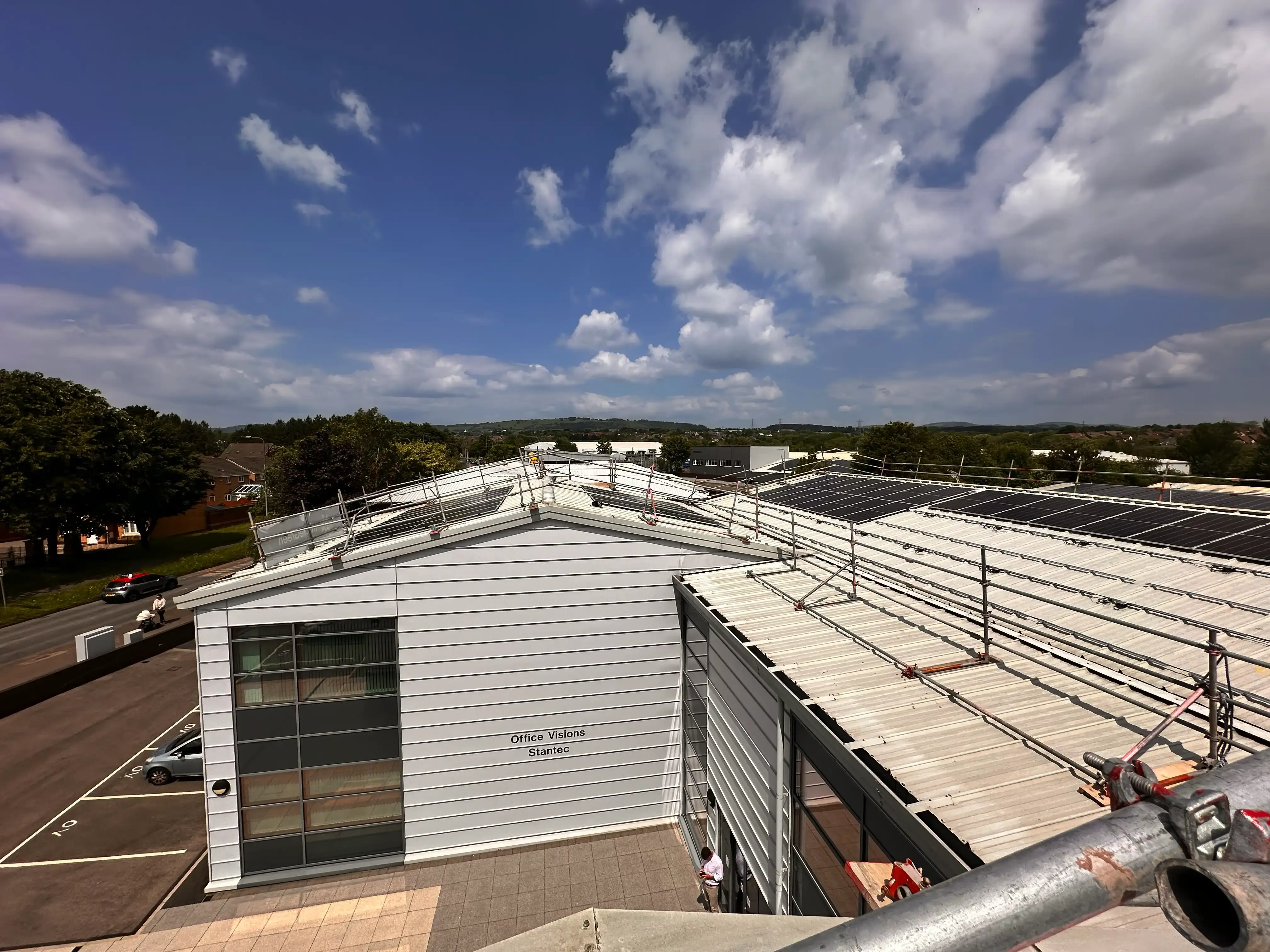 Solar panels installed on the metal roof at Vision Court in Cardiff