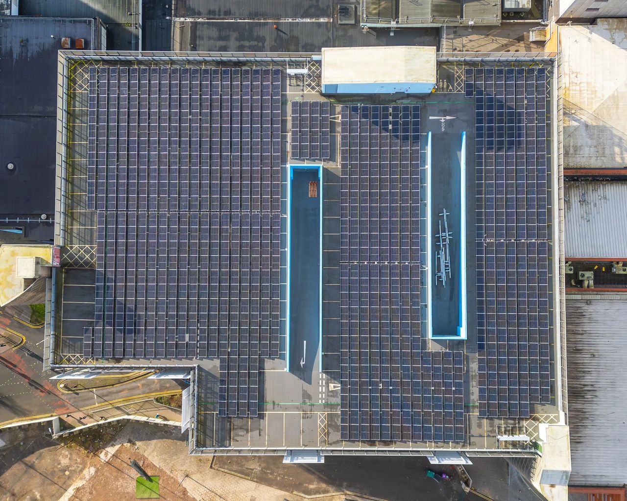 Aerial view of large-scale public sector rooftop solar PV installation by InspireGreen at Newport Kingsway Car Park for Newport City Council.