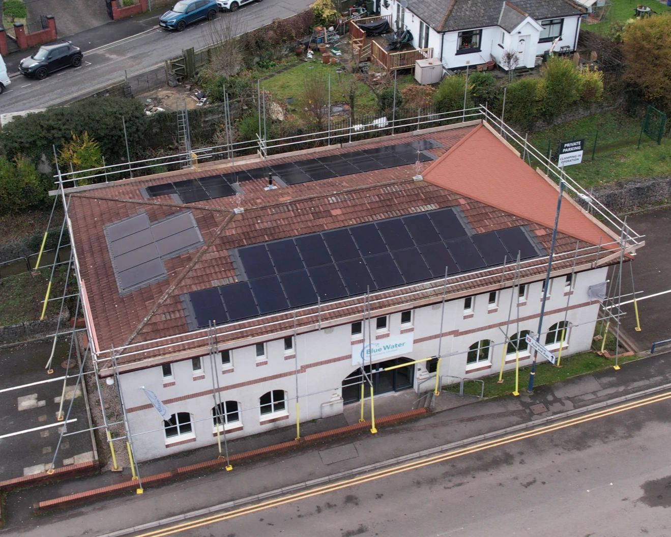 Commercial rooftop solar PV installation by InspireGreen for Blue Water Recruitment — renewable energy for a South Wales recruitment business.