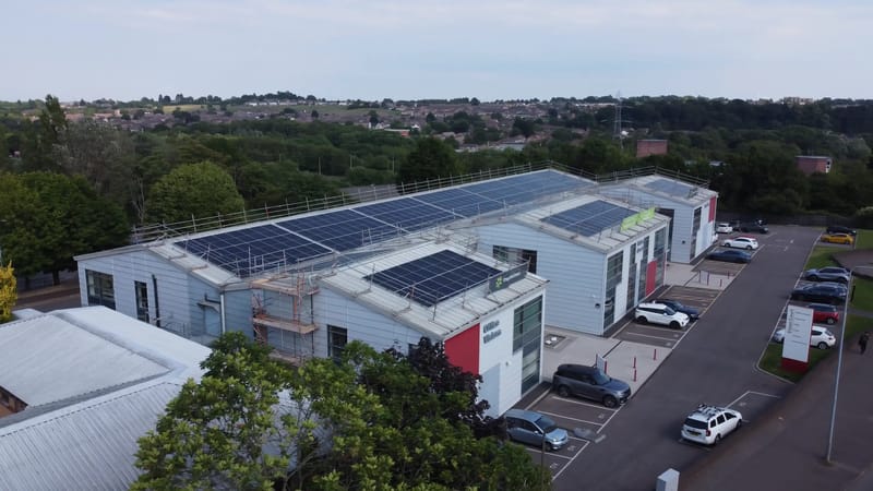 Commercial rooftop solar PV array, Vision Court Cardiff.