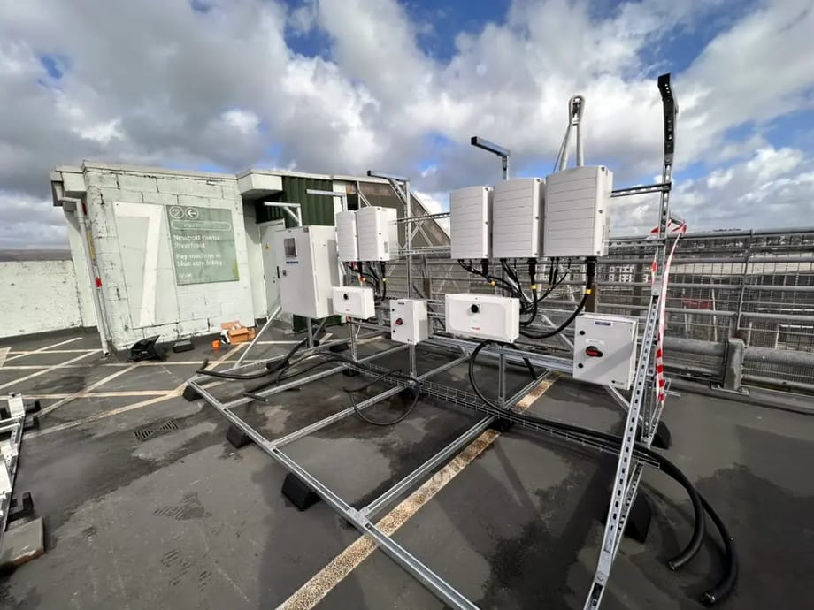 Solar PV inverter and isolator installation, Newport Kingsway car park.